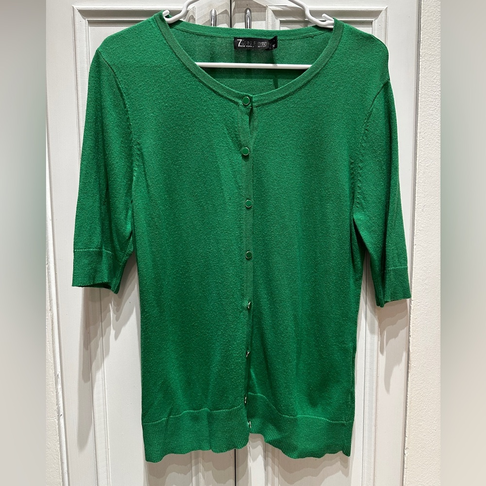 Green Cardigan 7th Ave New York Short Half Sleeve Full Button Large
